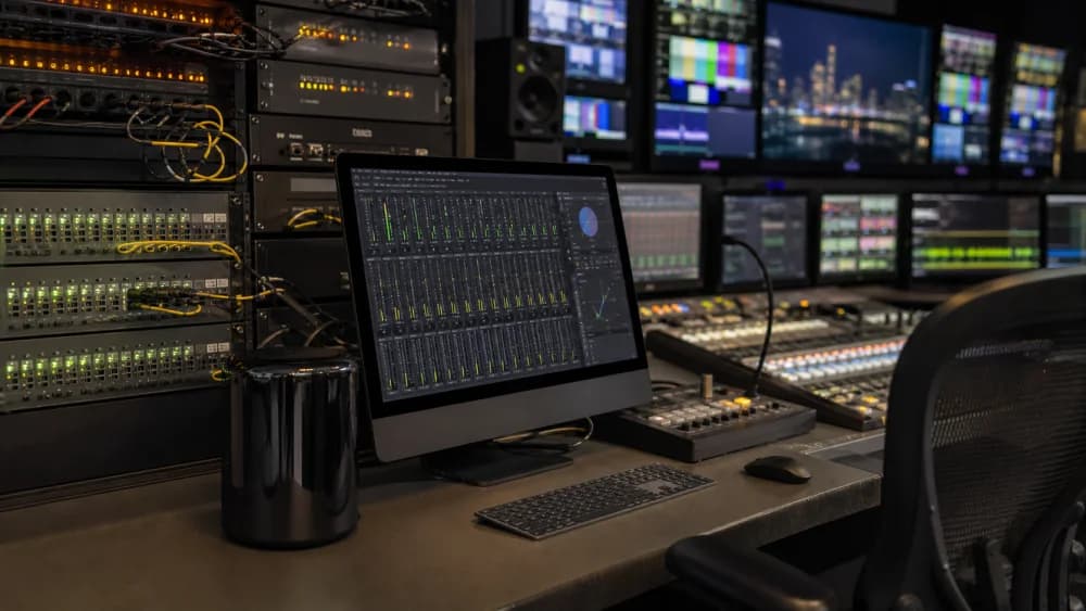 Mac workstation inside a broadcast control room