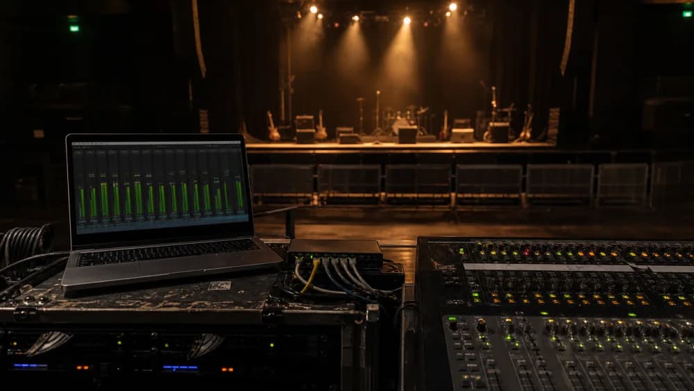 Mac workstation at a live sound front-of-house position