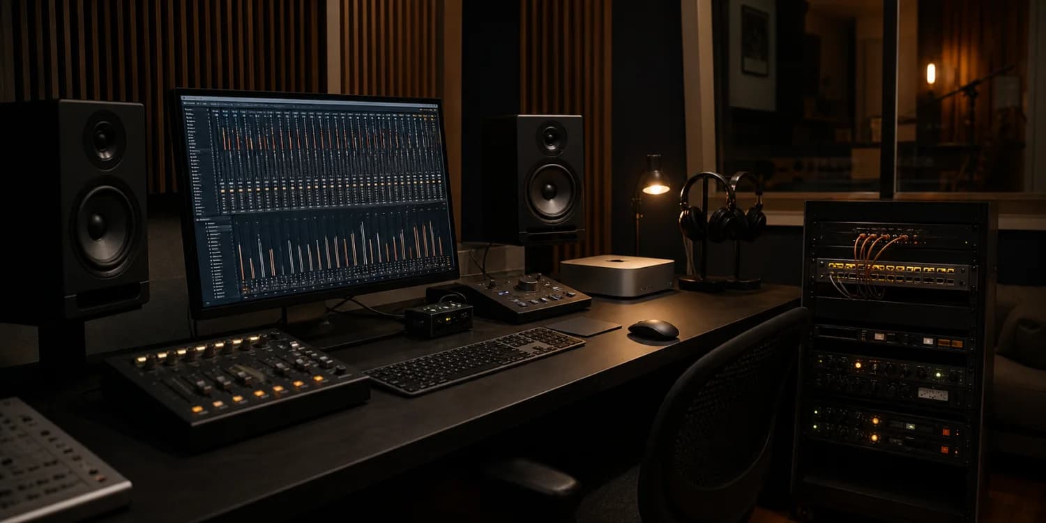 Mac workstation connected to studio monitors and network audio equipment