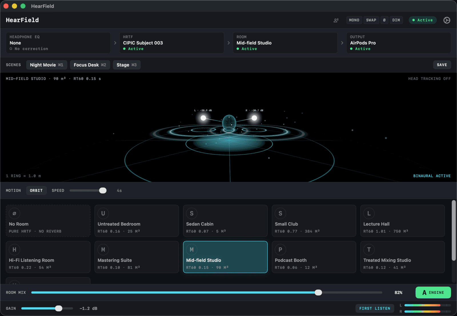 HearField interface showing its signal chain, scenes, spatial field, and listening rooms