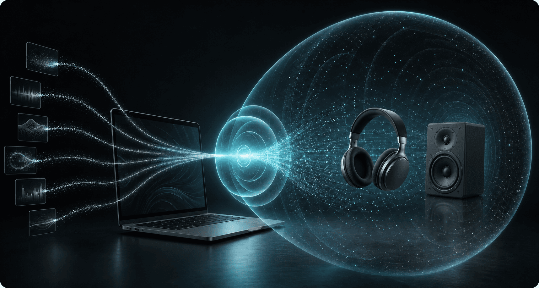 Music flowing from a Mac into a wide acoustic field around headphones and speakers