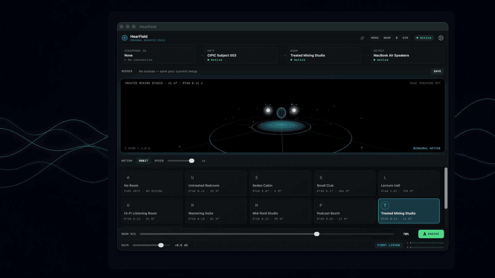 HearField showing its signal chain, binaural field visualizer, and room library on macOS